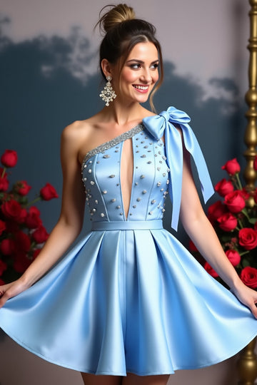 Sparkly A Line Corset Sky Blue Beaded Short Cocktail Dress